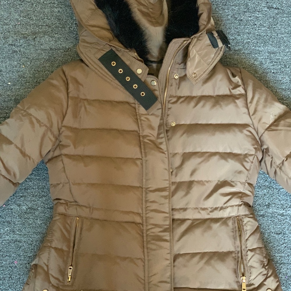Brown Zara Puffy Coat with Faux Fur Hood